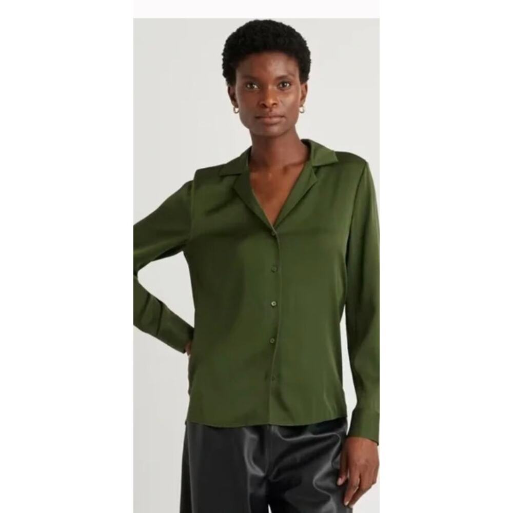 Quince Washable Stretch Notch Collar Blouse Basil Green Sz L NWT - Picture 2 of 7